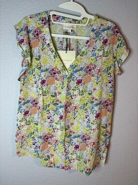 Cynthia Rowley Multi-Color Floral V-Neck Blouse